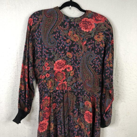 VINTAGE David Warren Dress Womens 12 Black Floral Paisley Made USA Back Zip 80s - Picture 13 of 16